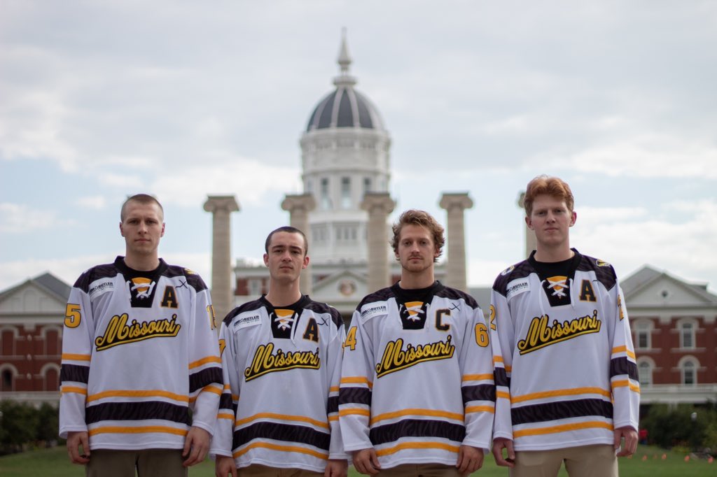 MizClubHockey's tweet photo. Meet your 23-24 Mizzou Hockey captains🫡

C: #64 Nick Spolec 
A: #15 Jack Hazelton
A:#17 Eli Baumstark
A: #2 Drew Driscoll https://t.co/c7xixbMrom