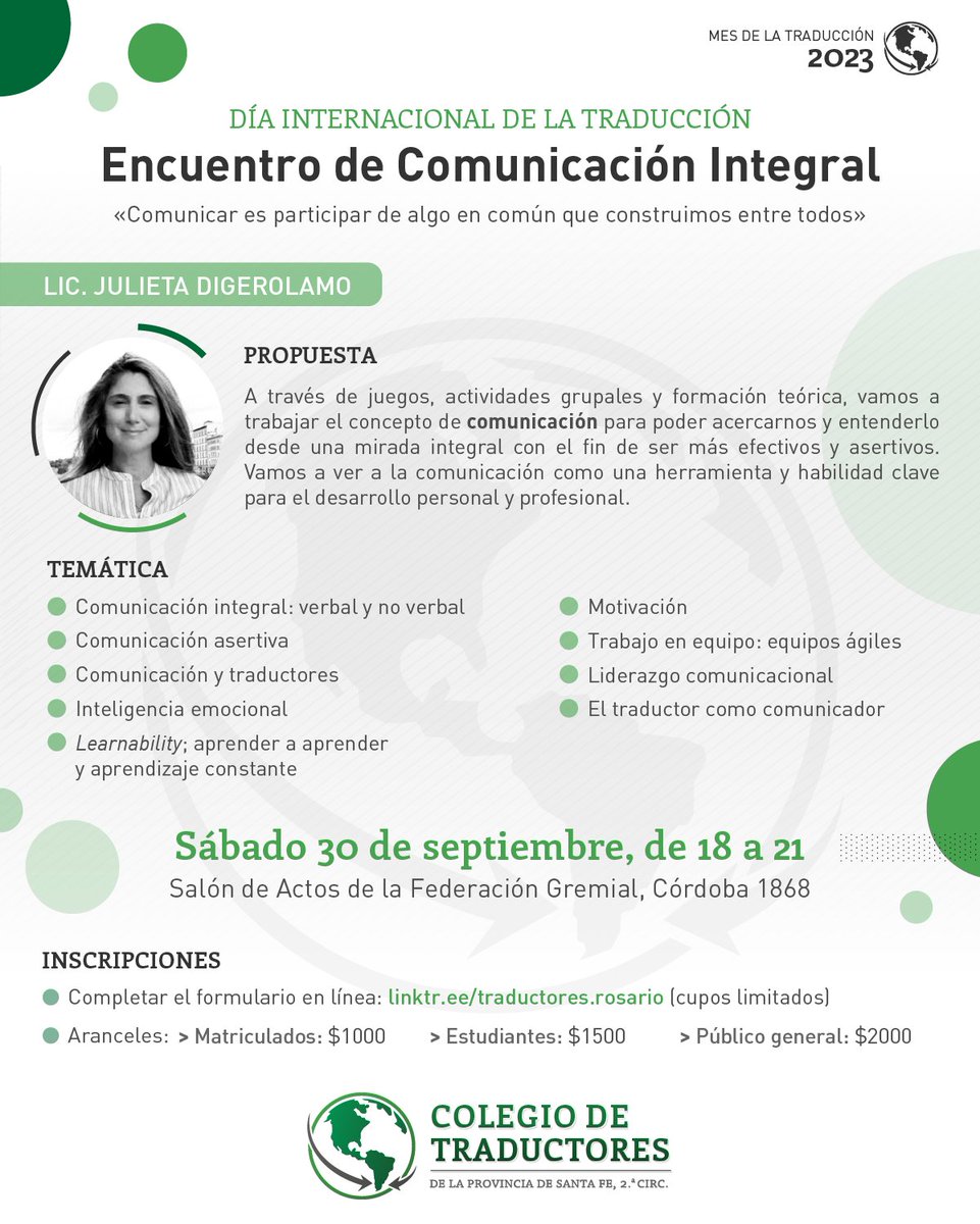Encuentro de Comunicación Integral para profesionales de la traducción y la interpretación. 

📍Salón de Actos de la Federación Gremial (Córdoba 1868, Rosario).
📅 Sábado 30 de septiembre, de 18 a 21 horas.

✍️ Inscripción: linktr.ee/traductores.ro…

¡Te esperamos!