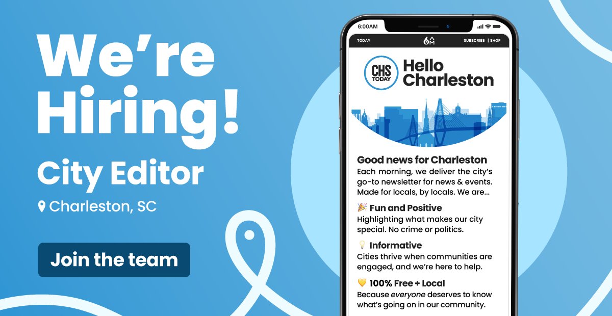 Passionate about storytelling, news, and Charleston?

We're hiring a City Editor to plan, write, edit, and publish the most relevant and engaging daily content about our city.

See details + apply: app.trinethire.com/companies/3103…