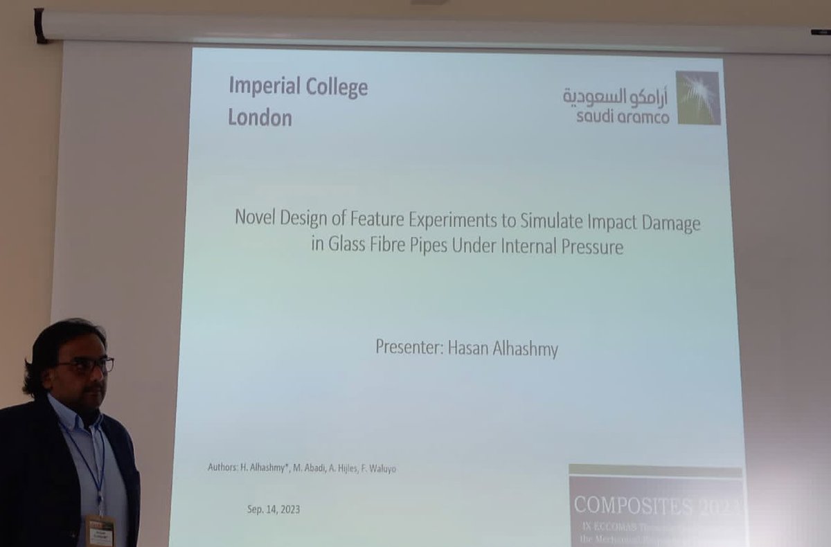 HASANALHASHMY's tweet photo. Honored to have delivered a talk at Composite 2023 Conference in Sicily, Italy and interacted with experts in the field. 

Grateful to represent both Saudi Aramco and Imperial College London- what a pride ! https://t.co/scLm3ow99P