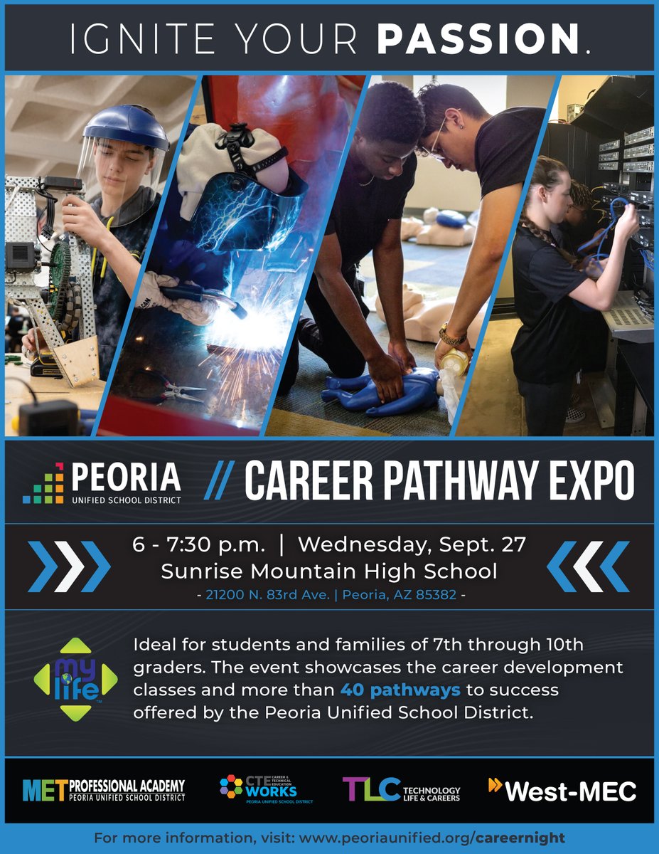 Peoria Unified invites you to our Career Pathway Expo on Sept. 27th to learn about the 40+ career pathway options available to <a href="/PeoriaUnified11/">Peoria Unified</a> students.  #PeoriaCTE