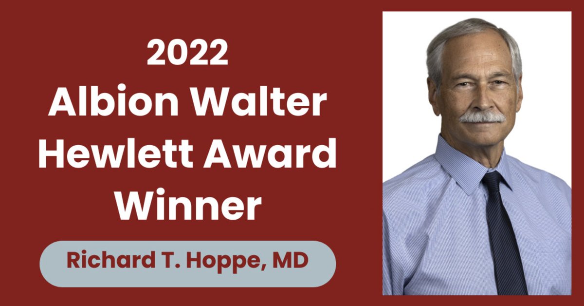 Richard T. Hoppe, MD, will be presented the 2022 Hewlett Award at a ceremony, hosted by the Department of Medicine on Wednesday, Oct. 11, 8 a.m. PT. We hope you will join us, either in Li Ka Shing Center, room 130, or on Zoom to congratulate him! stanford.zoom.us/j/98774978105...