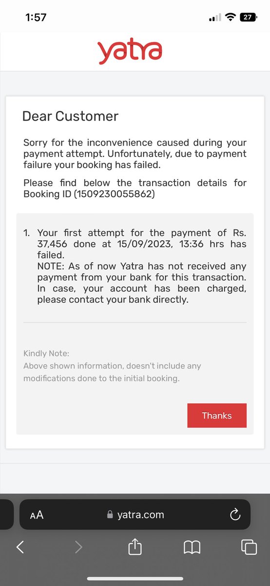 aniketsherekar's tweet photo. @YatraOfficial @PhonePeSupport 

Hello yatra Team,

Disappointed by your support, i had booked tickets today the money got debited from the bank but neither my tickets were confirmed nor i got the money back 

Please help me get my money back into my account. https://t.co/aWQ3YYTvn2