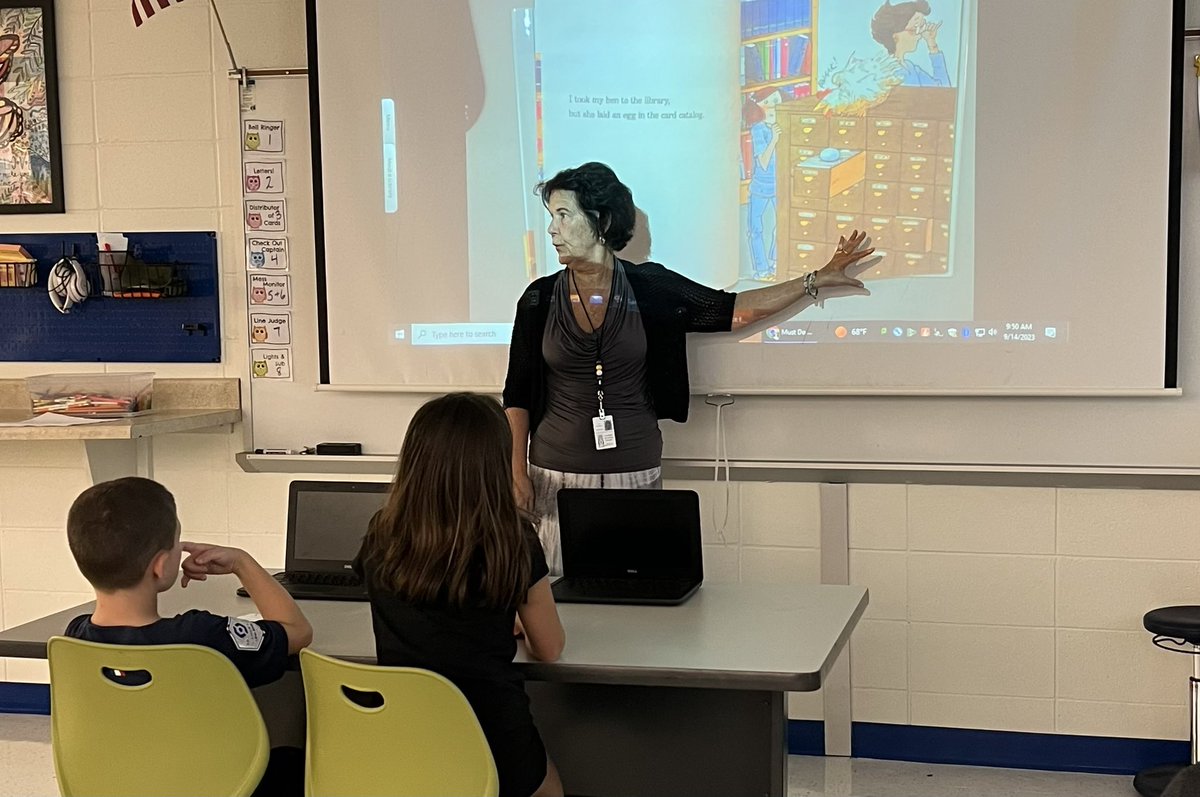 Thanks to the one and only <a href="/MrsSReardon/">Mrs. S. Reardon</a> for making a guest appearance in the MWES library to teach some 3rd graders about how a card catalog was used! ❤️ Perfect lead in to a lesson on the online Destiny Discover catalog. <a href="/MWESchool/">Errickson School</a> #teamwork