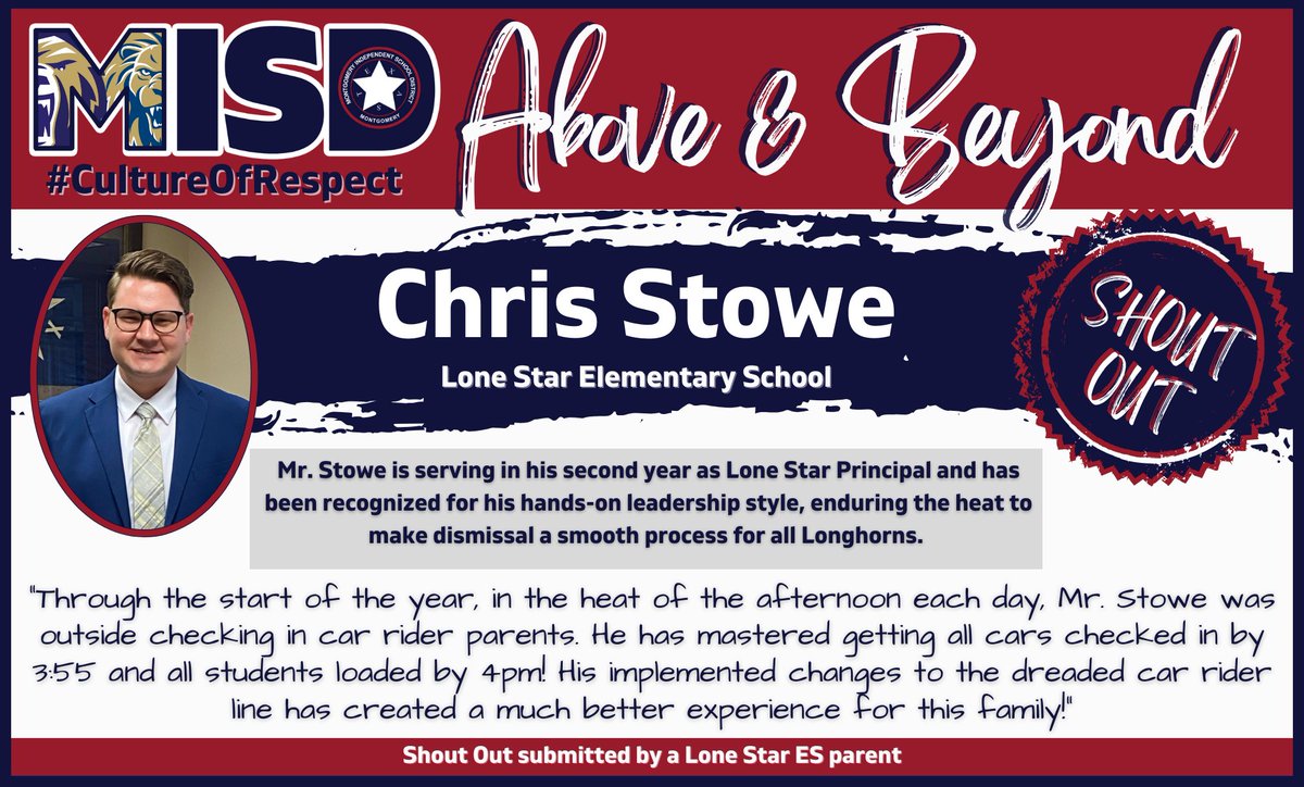MontgomeryISD's tweet photo. This Monday morning #AboveAndBeyond Shout Out goes to Lone Star ES Principal, Chris Stowe.
Thank you, Mr. Stowe for always being willing to do whatever needs to be done to serve your Longhorn students and families! #WeAreMontgomeryISD @lse_montgomery https://t.co/MJDKZa82LF