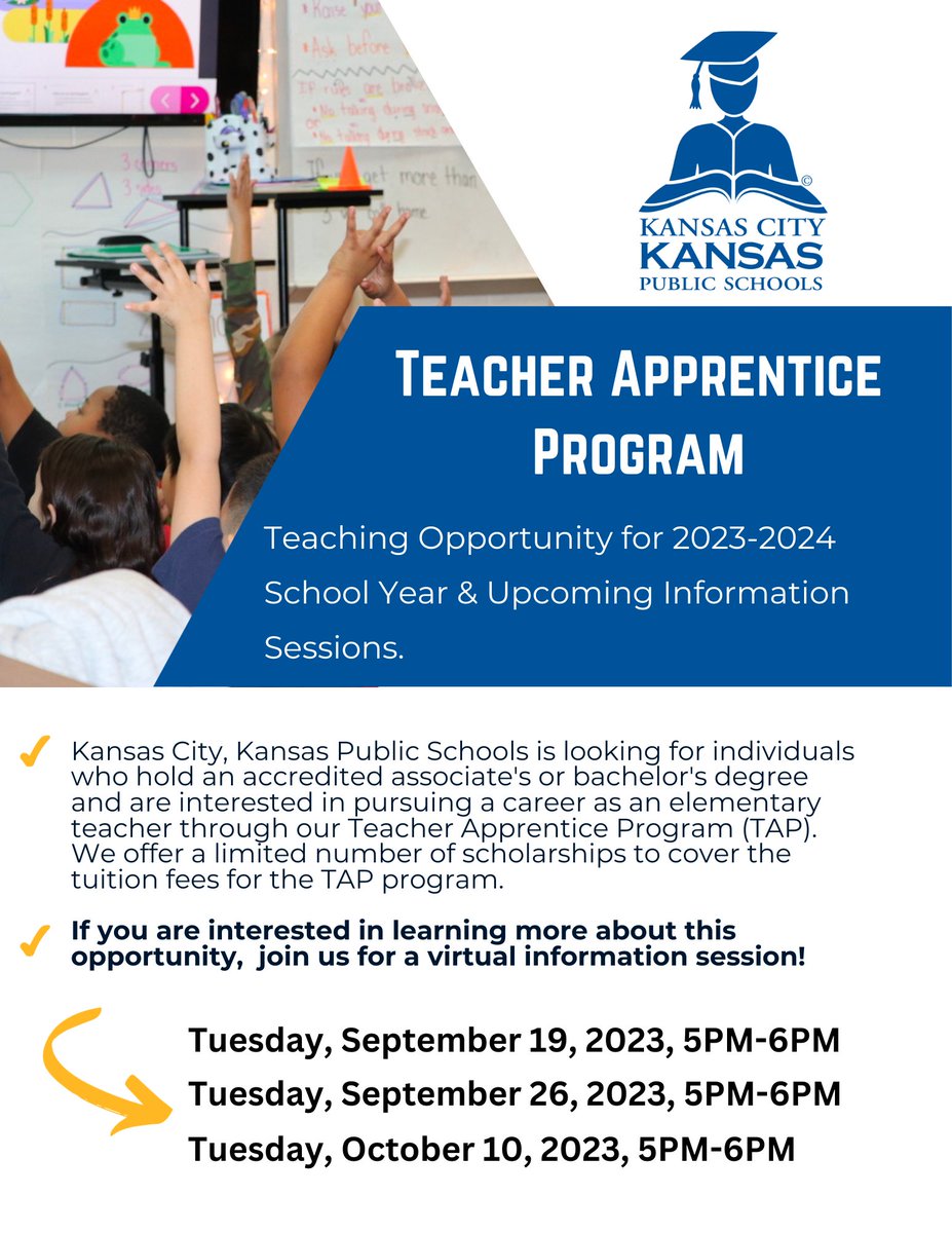 So exciting! We are offering a new teaching opportunity through the TAP program! Find out more by signing up for a virtual information session! kckps.tedk12.com/hire/ViewJob.a… #BetterEveryDay #Iamkckps #kckpshr <a href="/kckschools/">Kansas City, Kansas Public Schools</a> @KIMSMIT04321626