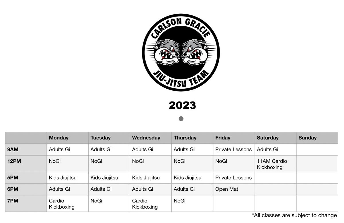 nado_dex's tweet photo. New schedule is out for Fall and Winter 2023 12PM NoGi added to schedule daily come get some rounds in at lunch 👊🏽 https://t.co/ZdO02kv4yN