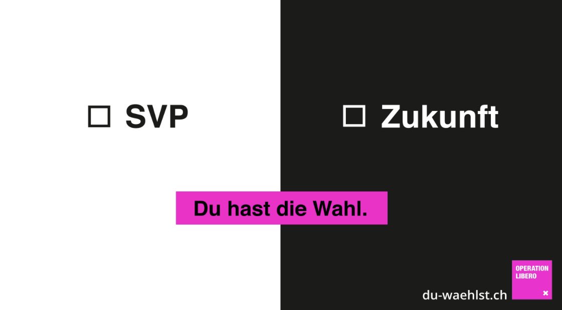 PenttiAellig's tweet photo. Kompliment: Das neue Plakat von @operationlibero bringt es voll auf den Punkt. Entweder die SVP wählen. Oder die schwarze Zukunft. @SVPch #Migrationspolitik #WahlCH23 https://t.co/InOuhTLEuj