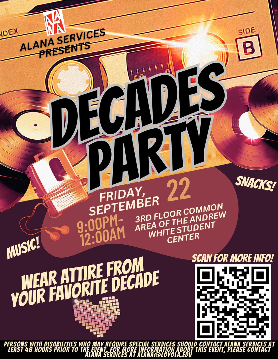 ALANA_Services's tweet photo. It's a party! It's a party! Join us Friday, September 22nd from 9:00pm-12:00am at our Decades Party. Scan the QR code for more info! https://t.co/t84nkJ3Aol