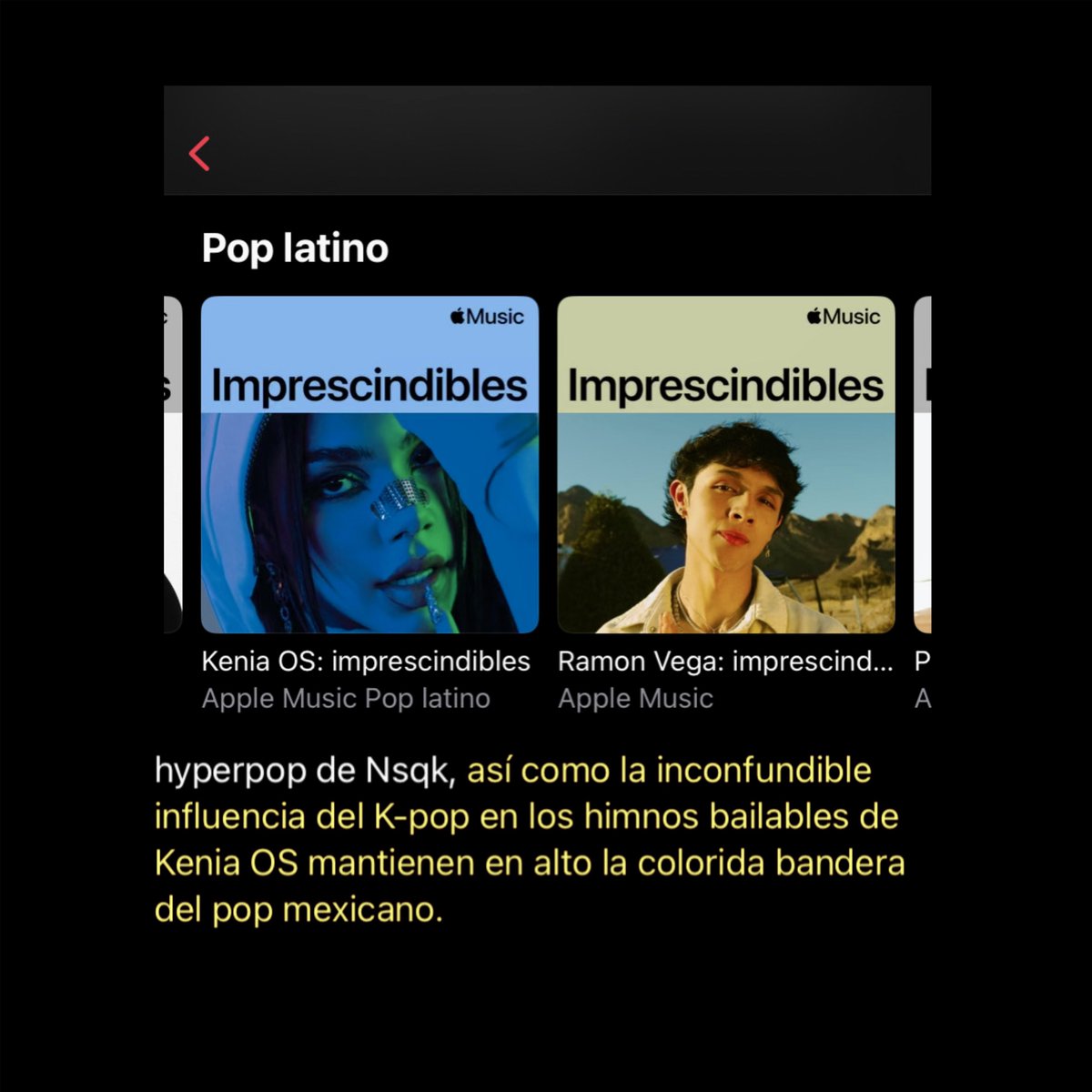 KeeniaStats's tweet photo. — Apple Music sobre @KeniaOS “Voces de mexico”.

“Así como la inconfundible influencia del K-pop en los himnos bailables de Kenia OS mantienen en alto la colorida bandera del pop mexicano”. https://t.co/P10k0EqWj9