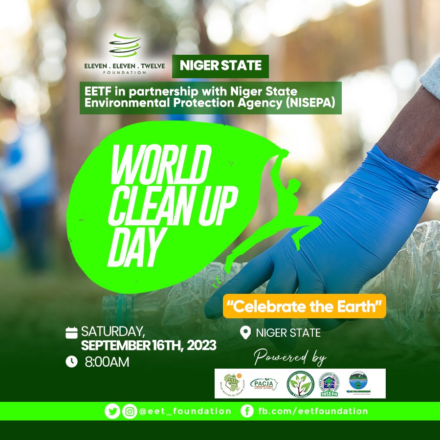Join us tomorrow in commemoration of World Clean-up Day 2023 to be held in Suleja, Niger State.

#CelebrateTheEarth #WhatHasChanged #PlasticPollution #WorldCleanupDay