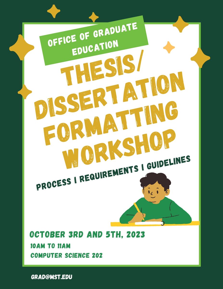 SandTGrdStudies's tweet photo. Grad students, mark your calendar! Our thesis/dissertation formatting workshop is coming up: October 3rd and October 5th from 10am to 11am in Computer Science 202! #Formatting #ThesisDissertation #Miners https://t.co/2gHbVFDNcq
