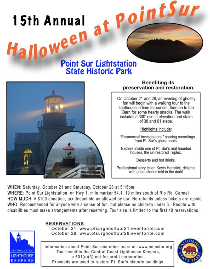 Point Sur Lightstation 15th Annual Halloween Celebration October 21 &amp; 28. Come explore Point Sur's Haunted House!