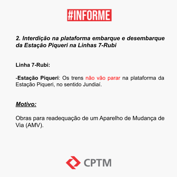 CPTM_oficial's tweet photo. #InformeCPTM - Atenção! Alterações na operação das Linhas 7-Rubi e 11-Coral neste domingo (17/09). https://t.co/xzRftY7L2A