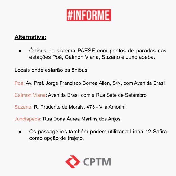 CPTM_oficial's tweet photo. #InformeCPTM - Atenção! Alterações na operação das Linhas 7-Rubi e 11-Coral neste domingo (17/09). https://t.co/xzRftY7L2A