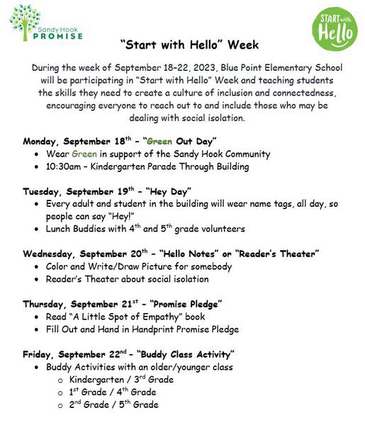 BPESchool's tweet photo. Start with Hello Week starts Monday. Please wear green as a way to show our building’s commitment to creating an inclusive community. 💚💚 https://t.co/PrDuzTljpL