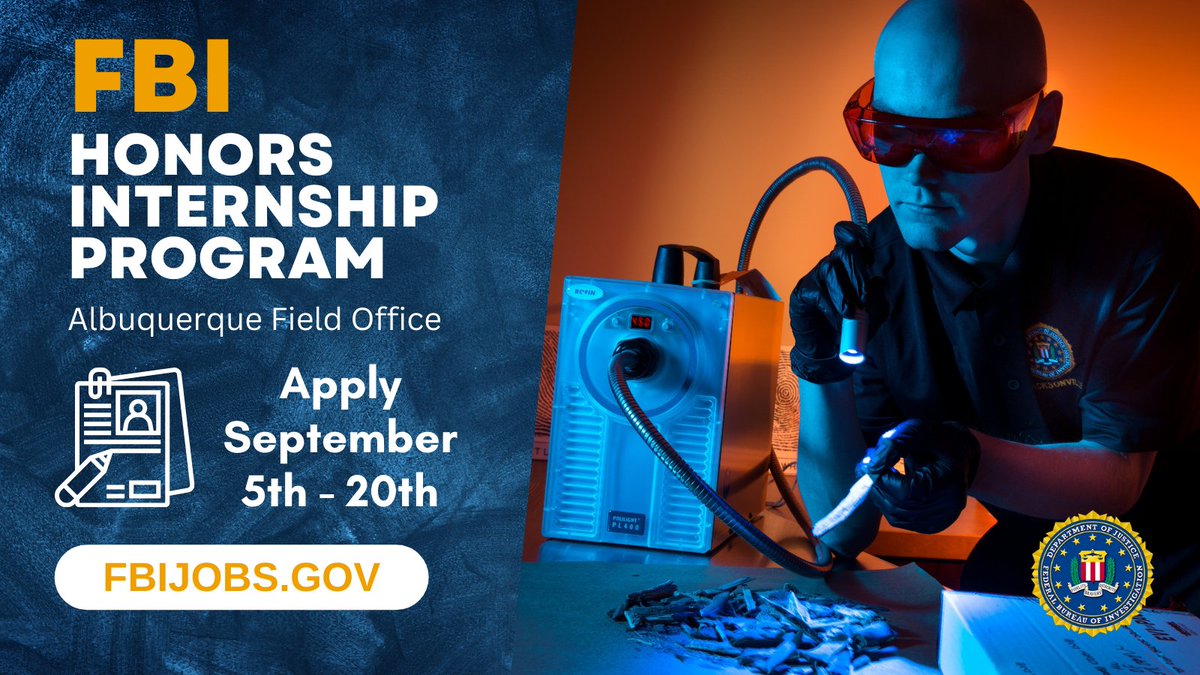 FBIAlbuquerque's tweet photo. There are 5️⃣ days left to apply for the FBI Honors Internship Program! 📚🍎 Check out https://t.co/ZJEMIjpB68 for the application and eligibility requirements.  #FBIinternship #InternshipOpportunity #CareerGoals #FutureFBIAgent https://t.co/ns5tW6vJF2