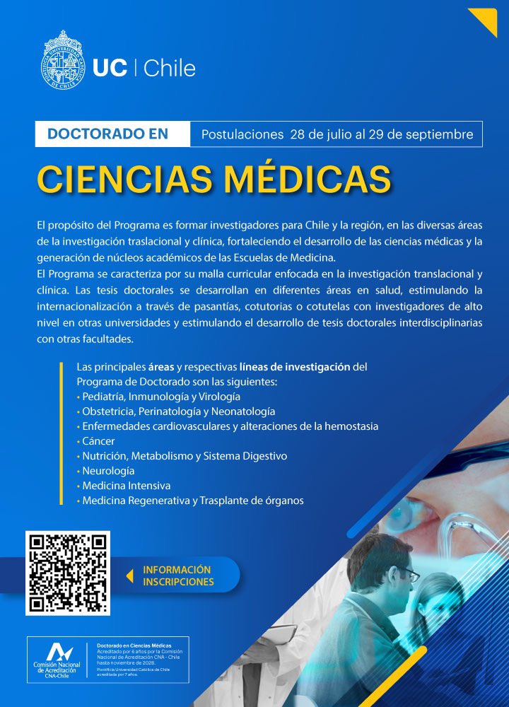 _SBCCh's tweet photo. DOCTORADO en Ciencias Médicas, UC.

Postulaciones hasta el 29 de septiembre. 
Mayor información 👇🏽 https://t.co/37TcugpzE1