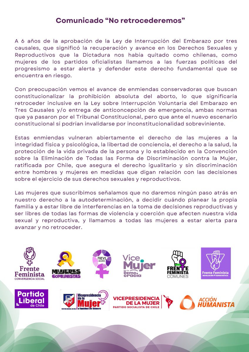 Liberales_Chile's tweet photo. Las Mujeres Oficialistas no daremos paso atrás.

Tras seis años de la aprobación del #Aborto3Casuales, las Mujeres Liberales junto a sus compañeras, mantenemos la defensa de los logros alcanzados respecto a nuestros derechos sexuales y reproductivos. https://t.co/v2FsPMkFo5