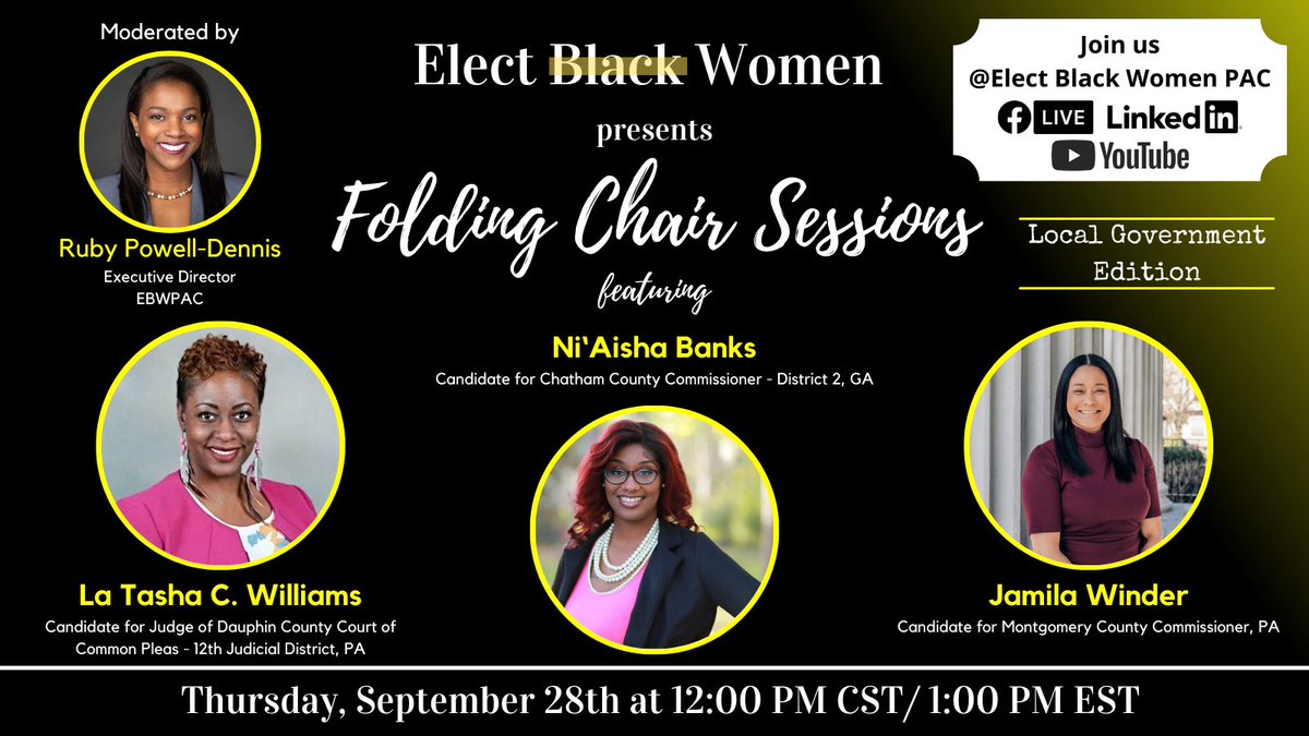 Pull up a chair on Thursday, September 28th, and join us for an inspiring conversation and virtual fundraiser where we highlight women changing the political landscape. This week features Jamila Winder, <a href="/NBanks4Chatham/">Ni'Aisha Banks</a>, and <a href="/LCherene/">La Tasha C. Williams</a>. 

Register here: ow.ly/s8JZ50PMgP9