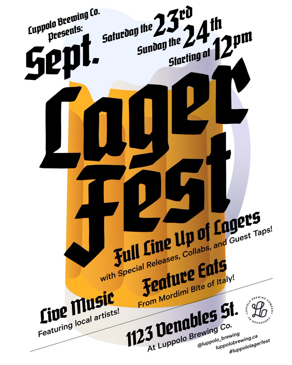 Luppolo Brewing Co. (@luppolo_brewing) on Twitter photo LAGER FEST YEAR 3 
Lager Fest will be jam packed full of new releases, guest taps and collabs
September 23rd - 24th, 12pm 
10+ Luppolo Lagers including limited, collabs and new releases 
Guest Taps
Food by @mordimibiteofitaly 
Music by Simoniz, Evan B, & Adelikatny
No Cover LAGER FEST YEAR 3 
Lager Fest will be jam packed full of new releases, guest taps and collabs
September 23rd - 24th, 12pm 
10+ Luppolo Lagers including limited, collabs and new releases 
Guest Taps
Food by @mordimibiteofitaly 
Music by Simoniz, Evan B, & Adelikatny
No Cover