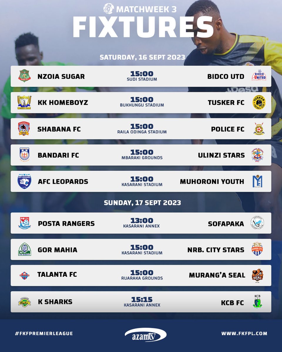 Guys, here are the fixtures for GW3. Si ata utokee one of these. For instance @boxtoboxregista will be at Kasarani for the AFC Leopards game. Come and interact with us usiogope mic na camera. 
#TwendeGrao #FootballKE #FKFPL