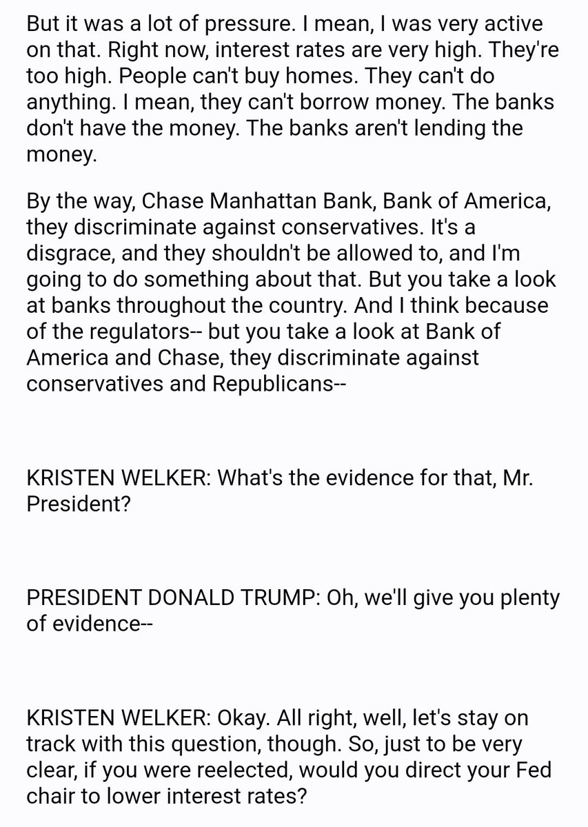 This whole exchange between Trump and Kristen Welker is pretty maddening. Trump makes wild claim that corporate banks are discriminating against conservatives, Welker asks him what evidence he has, Trump starts spinning, and then Welker moves on so she can 'stay on track'