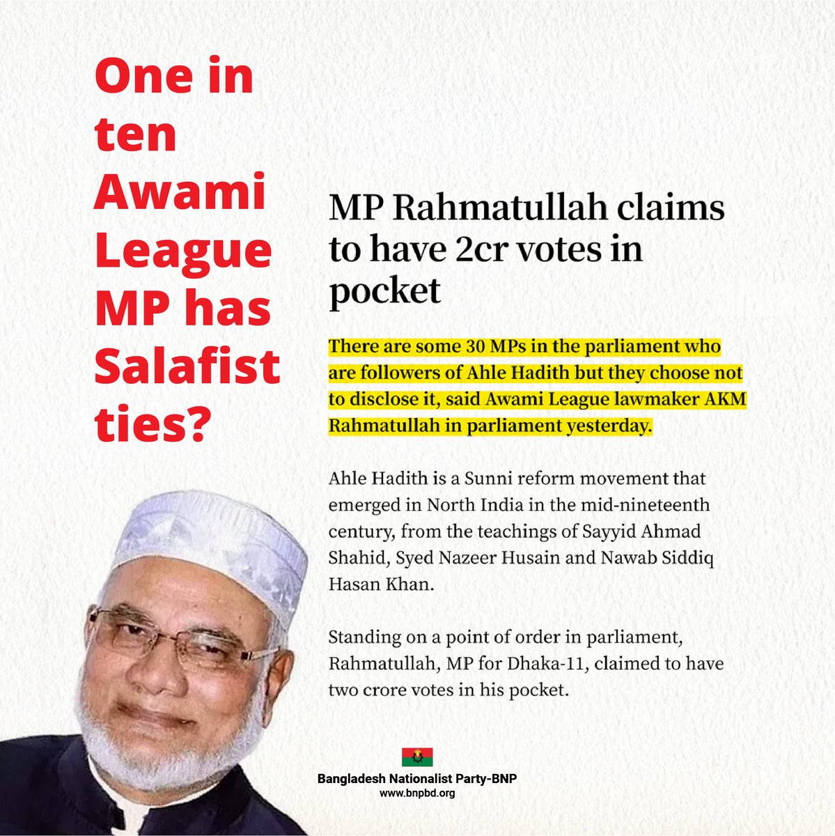 bdbnp78's tweet photo. There are 30 @albd1971 MPs who are followers of Ahle Hadith, a Salafi reform movement, according to Rahmatullah, a top @albd1971 leader in #Bangladesh. 

Salafists advocate for a return to the age of the first three generations of Islam & according to @Independent "an ideology commonly associated with ISIS and often features in the news, usually as a label applied to jihadis". 

All controversial Islamist groups are associating themselves with @albd1971 & 2 new alliances of Islamists have declared to support #SheikhHasina. 

Global bodies should investigate #SheikhHasina & @albd1971's involvement with Salafists. 

🔗https://t.co/iRfICzppbW