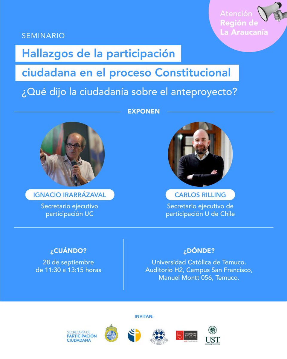 cppUCTemuco's tweet photo. 📢 ¿Qué dijo la ciudadanía sobre el Anteproyecto? 
🔵La @SPCiudadanaCL en conjunto a la @UC_Temuco a través del @cppUCTemuco  invitan a la comunidad universitaria y regional a participar del Seminario “Hallazgos de la participación ciudadana en el proceso Constitucional” 👇🏼 https://t.co/aWfMtAat3P