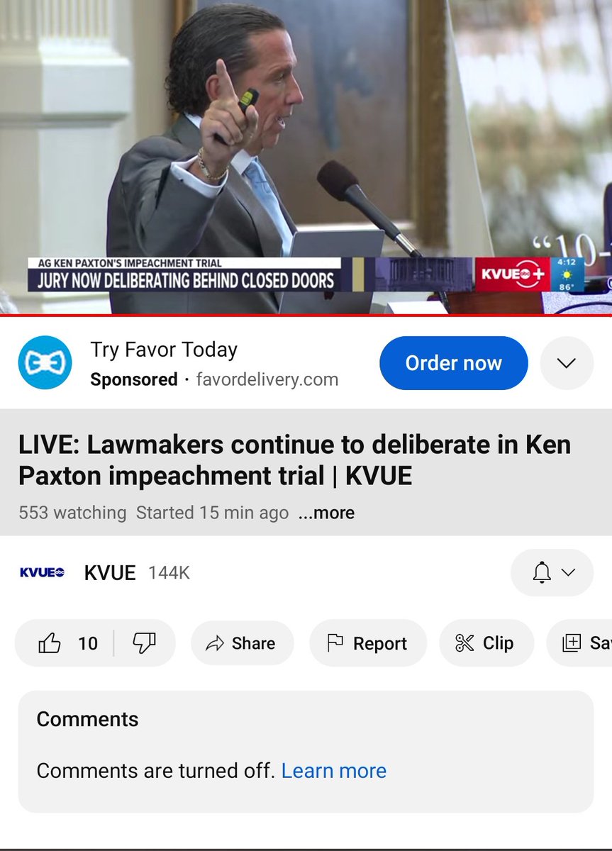 I see that the Texas Senators didn't miss another free lunch. I do think they will have a decision today but maybe just as it approaches 5pm, so that no one will have to answer the phones at the office, after they make the call one way or another. 
#PaxtonVerdict