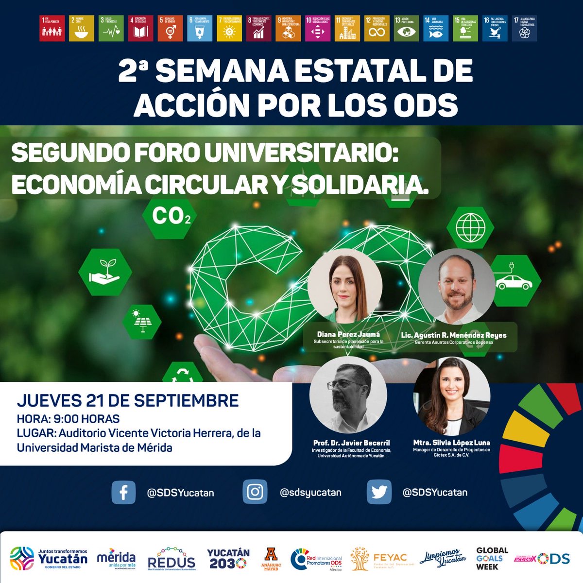 ¡Únete a nosotros en 2da Semana Estatal de Acción por #ODS!

Del 20 al 25 Sep. trabajando juntos por #YucatánSostenible. ¿Estás listo para marcar la diferencia?
El 21.09.2023 foro de Economía Circular en Universidad Marista de Mérida
#AcciónxODS #Sostenibilidad #CompromisoGlobal