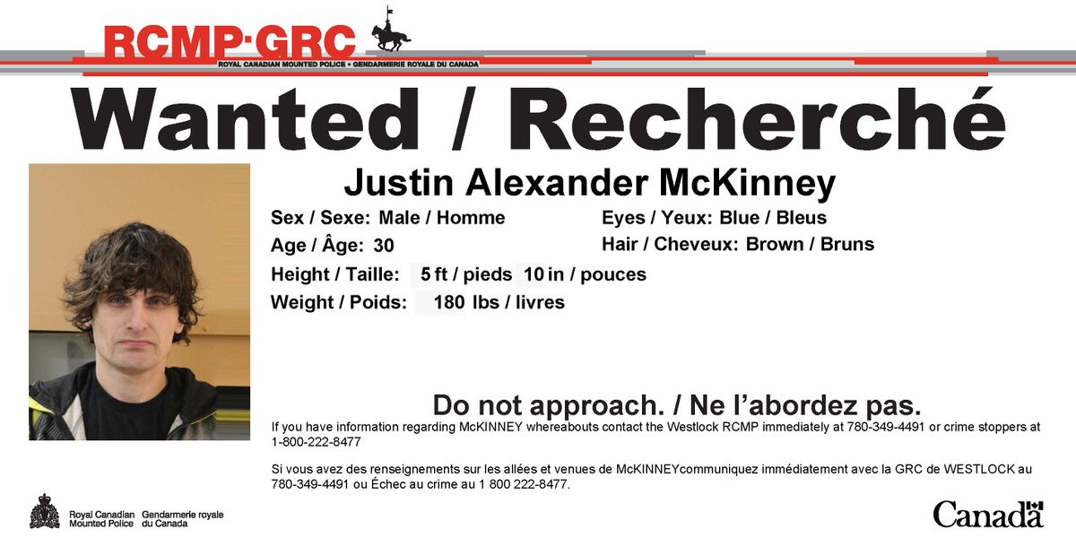 RCMPAlberta's tweet photo. #Wanted: Justin McKinney, Do not approach. https://t.co/YYldw7VA1N