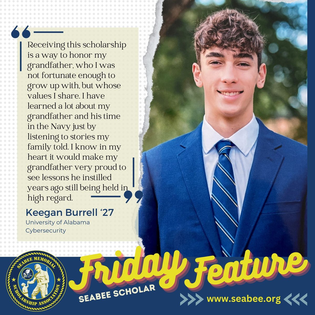 SeabeeMemorial's tweet photo. #FridayFeature Meet Keegan Burrell, a University of Alabama student studying Cybersecurity. He's proudly connected to the #Seabee legacy as BUCS Gary Babel's grandson. Learn more about the Seabee Memorial Scholarship &amp; support future Seabee legacies at https://t.co/RNUm7LcE9M. https://t.co/8XEVF40XEa