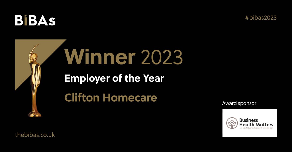 BIBAs2025's tweet image. Our next award winner not only looks after many people across the Fylde, it’s also a great place to work! Congrats to our Employer of the Year @cliftonhomecare This award is sponsored by @bh_matters #BIBAS2023