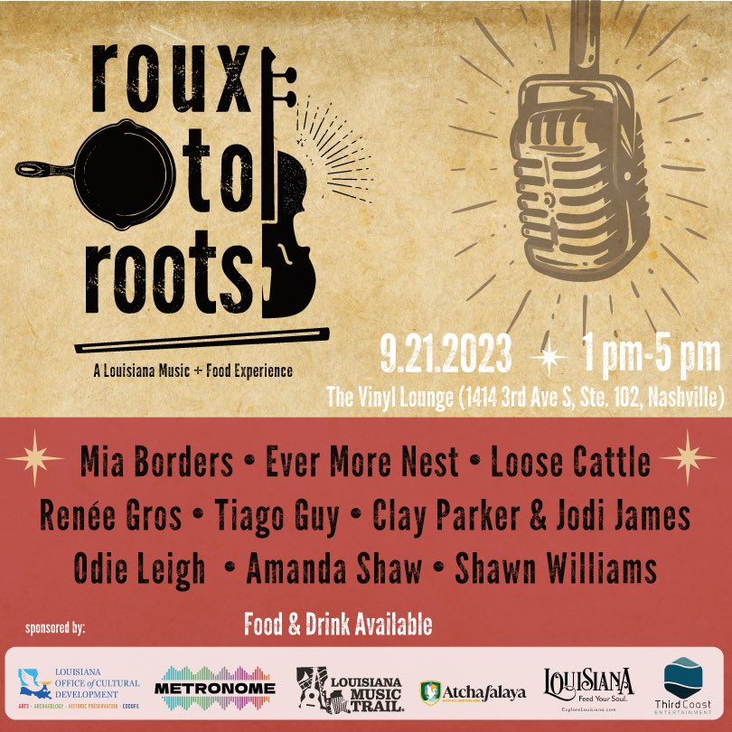 Dear #AmericanaFest attendees, we (@loosecattleband) are helping rep Louisiana’s contributions to the craft in Nashville next week, alongside some absolute killer songwriters & musicians. Come check the whole lineup out the #rouxtoroots event at Vinyl Lounge 9/21: