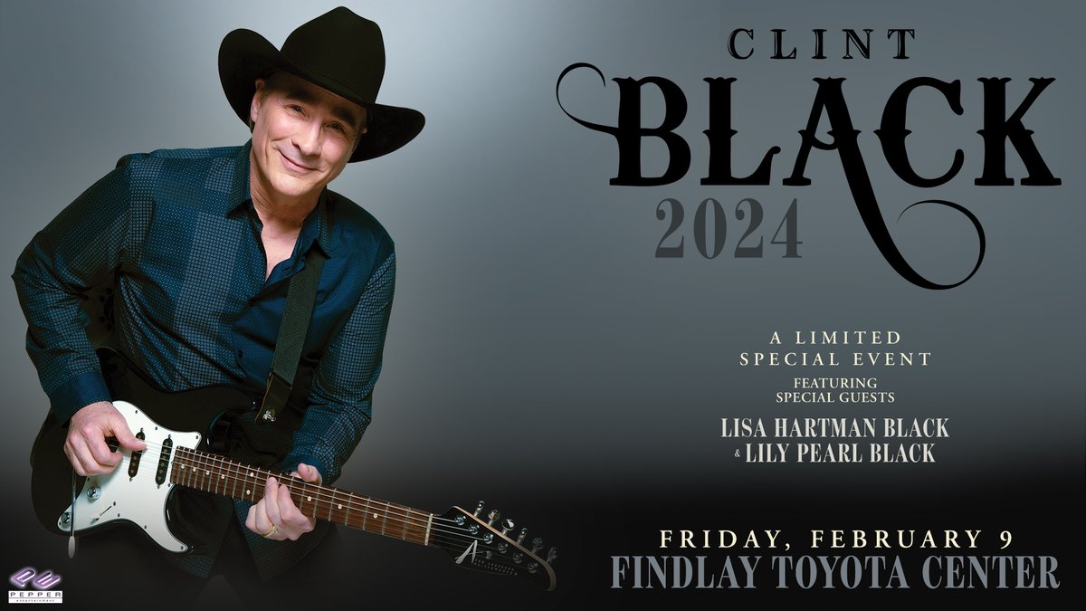 ANNOUNCEMENT: #PepperPresents <a href="/Clint_Black/">Clint Black</a>  with special guests <a href="/lisahbofficial/">Lisa Hartman Black</a>  and <a href="/lilypblack/">Lily Pearl Black</a> at Findlay Toyota Center on February 9th!
Pre-Sale: Thursday, Sept. 21 from 10 AM - 10 PM
On-Sale: Friday, Sept. 22 at 10 AM
More Info >> bit.ly/3ZgGcvH