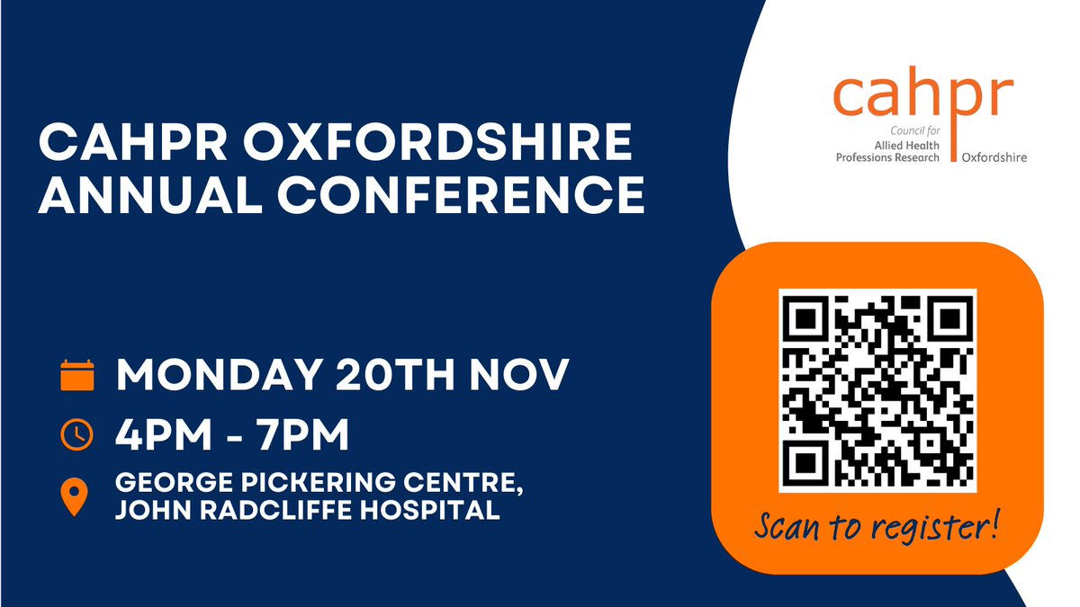 🌟Our CAHPR Oxfordshire Annual Conference 2023 is in 2 WEEKS!🌟 Join us to connect and collaborate with other research passionate AHPs. 🗓️ Monday 20th Nov ⏰4pm-7pm 📍George Pickering Centre, John Radcliffe Hospital 🖋️Register now: forms.office.com/e/GksnMtF4ui