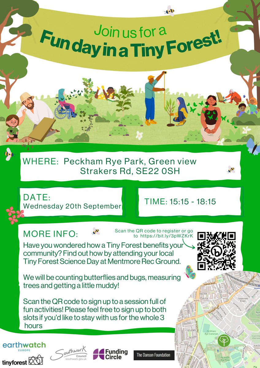 Wed, 20 Sep 3.15pm-6.15pm Science day in Peckham Rye Park Tiny Forest. FREE event filled with counting butterflies & bugs, & measuring trees! For all ages, an opportunity to connect with nature, local wildlife and do citizen science surveys. Register: eventbrite.co.uk/e/tiny-forest-…