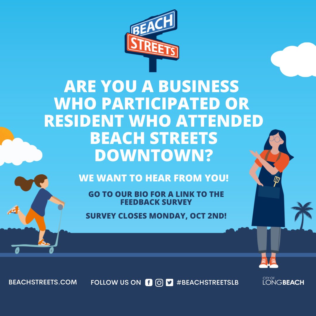 If you’re business or resident who attended or participated in Beach Streets Downtown this year, head over to the survey to provide feedback!

BUSINESS FEEDBACK SURVEY:
bit.ly/BeachStreetsBu…

PARTICIPANT FEEDBACK SURVEY:
bit.ly/BeachStreetsPa…

Survey closes 10/2
Thank you!