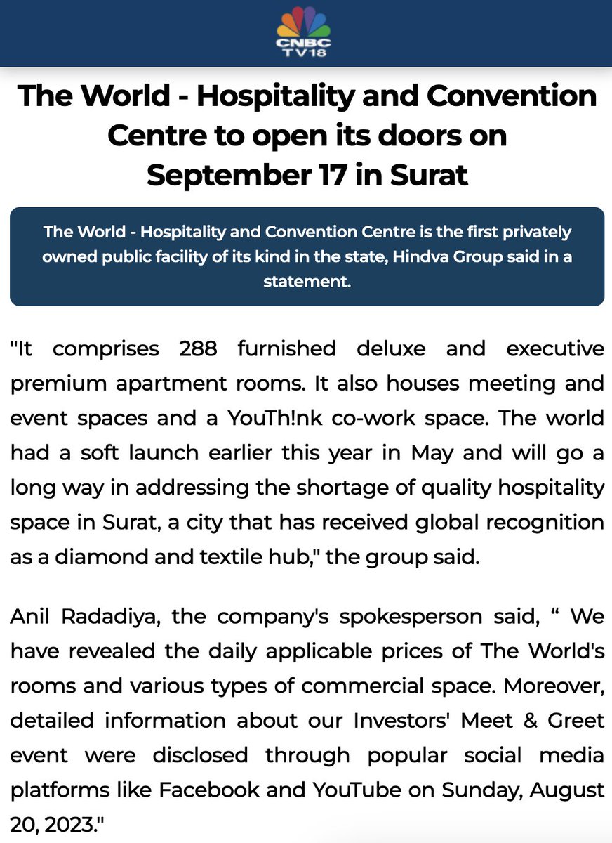 🌇 CNBC-TV18​ has featured an insightful article about The World ​by Hindva​.

📲 Check out the complete article now : cnbctv18.com/real-estate/th…

#CNBC #TV18 #CNBCTV18 #Business #RealEstate #Finance #FinTech #NewsArticle #TheWorld #TheWorldSurat #Hindva #Surat #India
