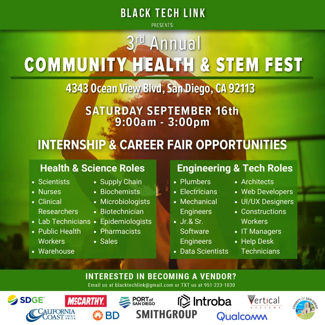 LEAGUEofAmazing's tweet photo. Get excited!  The LEAGUE of Amazing Programmers is excited to partner with Black Tech Link for their 3rd Annual Community Health &amp; STEM Fest. This FREE event has something for everyone.  
We look forward to seeing you there!
#SanDiego #Community #HealthFest #STEMEducation https://t.co/36G7EzkO6y