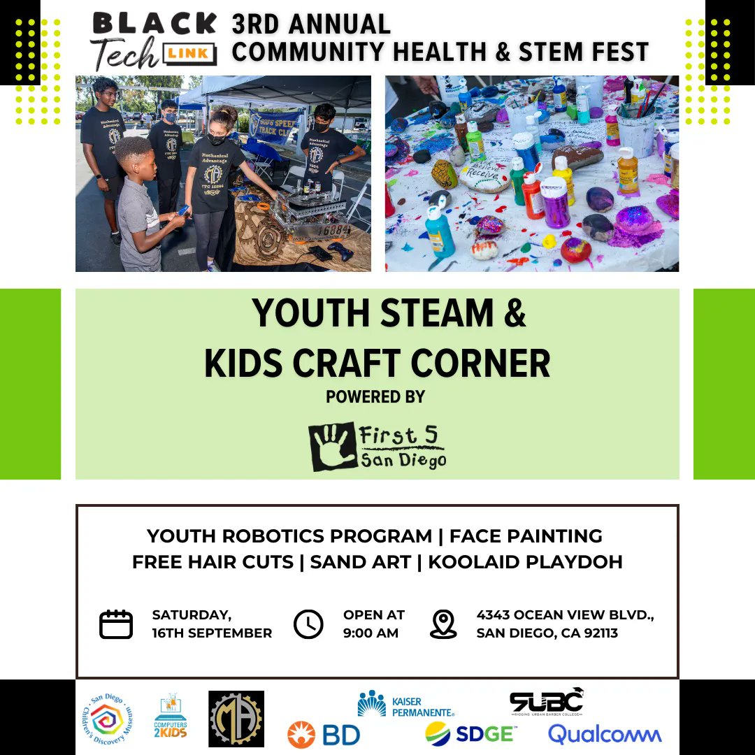 LEAGUEofAmazing's tweet photo. Get excited!  The LEAGUE of Amazing Programmers is excited to partner with Black Tech Link for their 3rd Annual Community Health &amp; STEM Fest. This FREE event has something for everyone.  
We look forward to seeing you there!
#SanDiego #Community #HealthFest #STEMEducation https://t.co/36G7EzkO6y
