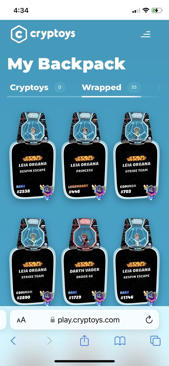 Cryptoys update. So far I have 55 collectibles, 3 airdropped. 
I’ve hit 3 grails but one was a duplicate. No ultra grails yet. Need one grail to complete my set and hopefully land a ultra grail. 25 boxes coming next week for free! <a href="/Cryptoys/">Cryptoys ⚡️👾</a> #vevefam #nft #cryptoys #starwars