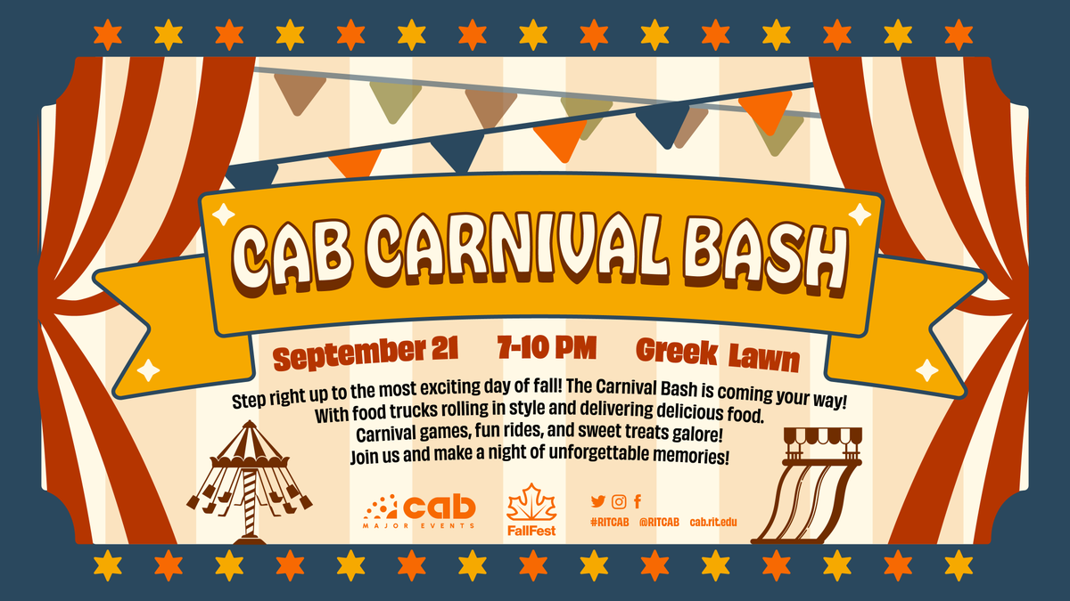 ritcab's tweet photo. 🎈🎡🍿Step right up step right up to the biggest Fallfest event! 🍭Our main attraction, the CAB Carnival Bash! Be sure to join us on the 21st for some games, rides, and giveaways from 7-10pm at the Greek Lawn 🎠 🎡 🎪 https://t.co/Ci73rEh8WF