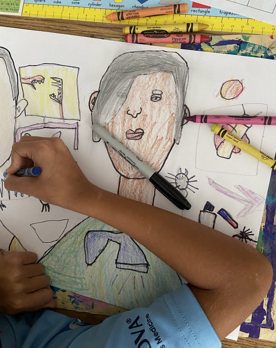 2nd grade artists <a href="/Oakton_ES/">Oakton ES</a> creating portraits that show a community friend, inspired by Grant Wood’s painting: American Gothic 🥰 Loving the care and details! 🖍️🥰