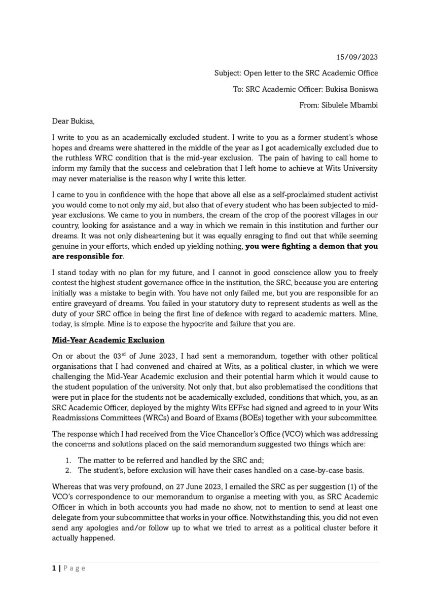 SamoraMbambi's tweet photo. Dear @BukisaB,
Please find this open letter directed to you by myself as an aggrieved mid-year academically excluded student. @Wits_SRC please hold one of your own as a collective accountable.
#EFFSC https://t.co/hvv5U6N8jY
