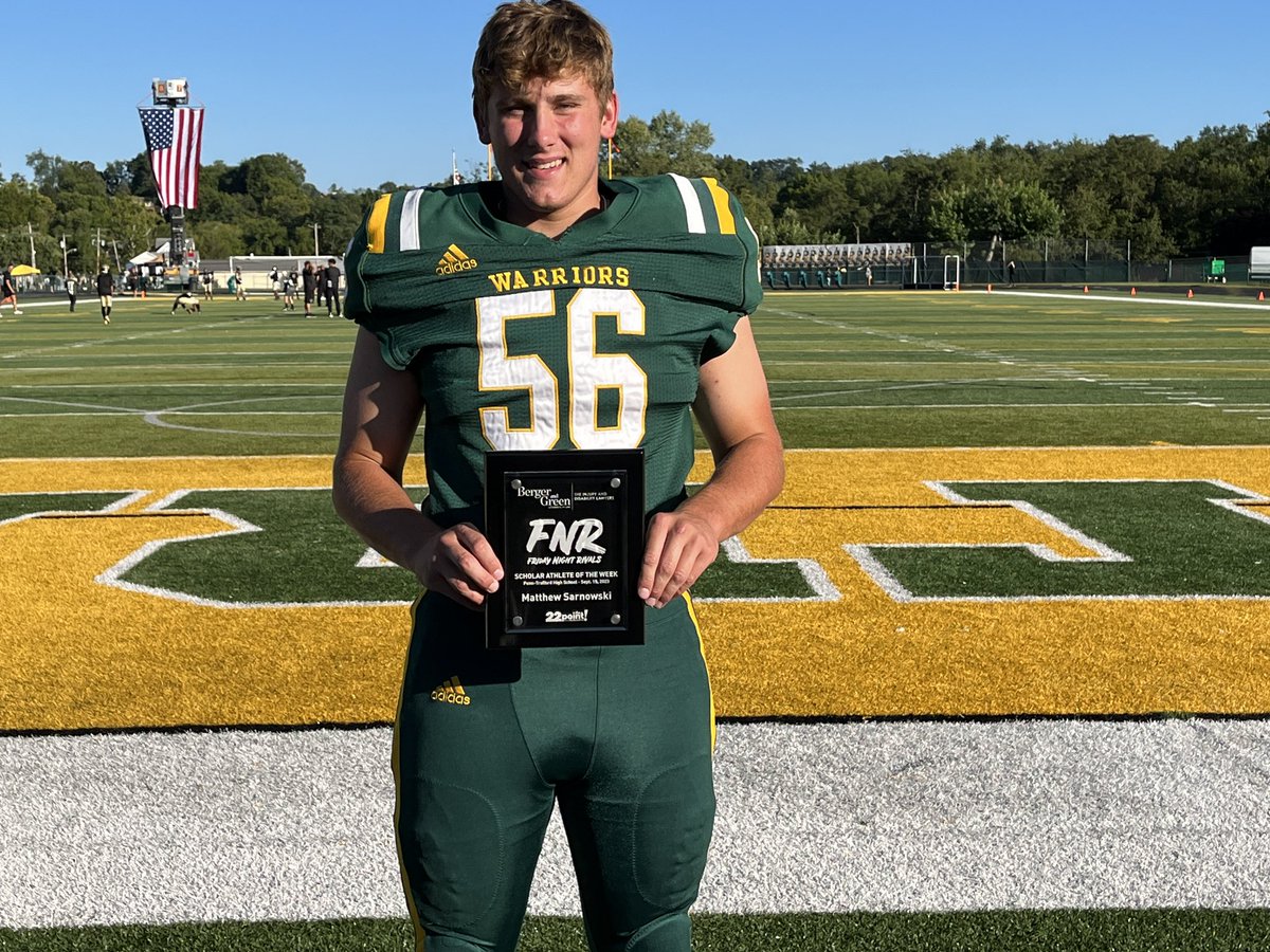 Rush Pedder (@rushpedder) on Twitter photo Congrats to <a href="/mattsarnowski56/">Matthew Sarnowski</a>, winner of the <a href="/22ThePoint/">22 The Point</a> Friday Night Rivals Scholar Athlete of the Week Award!
<a href="/ptwarriorfb/">PennTraffordFootball</a> Congrats to <a href="/mattsarnowski56/">Matthew Sarnowski</a>, winner of the <a href="/22ThePoint/">22 The Point</a> Friday Night Rivals Scholar Athlete of the Week Award!
<a href="/ptwarriorfb/">PennTraffordFootball</a>