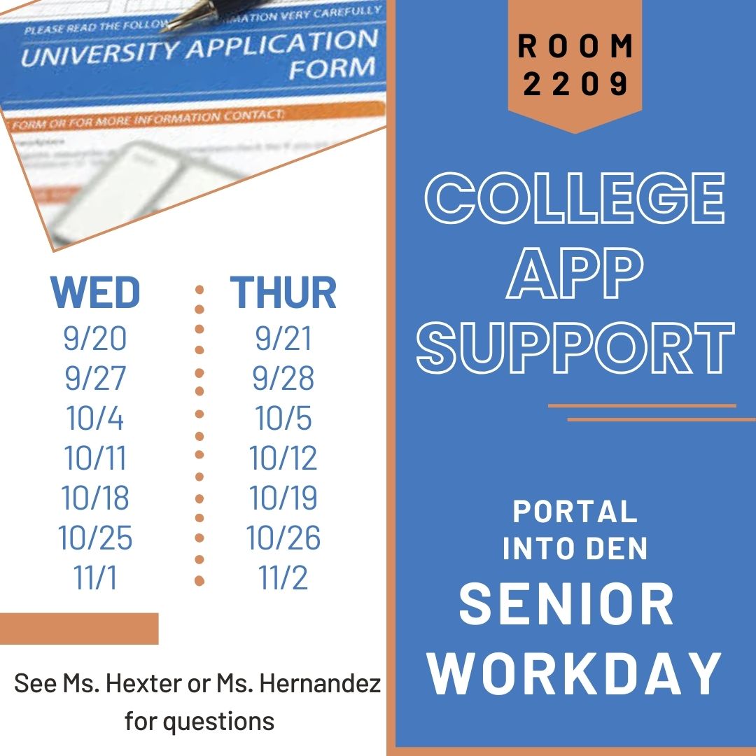 CP Seniors: Do you need help with your college applications or personal statement/college essays? Starting next week, the CPCCC and CP counseling team will offer senior work days DENs on Wednesdays/Thursdays through the first week of November. Portal in and report to 2209.