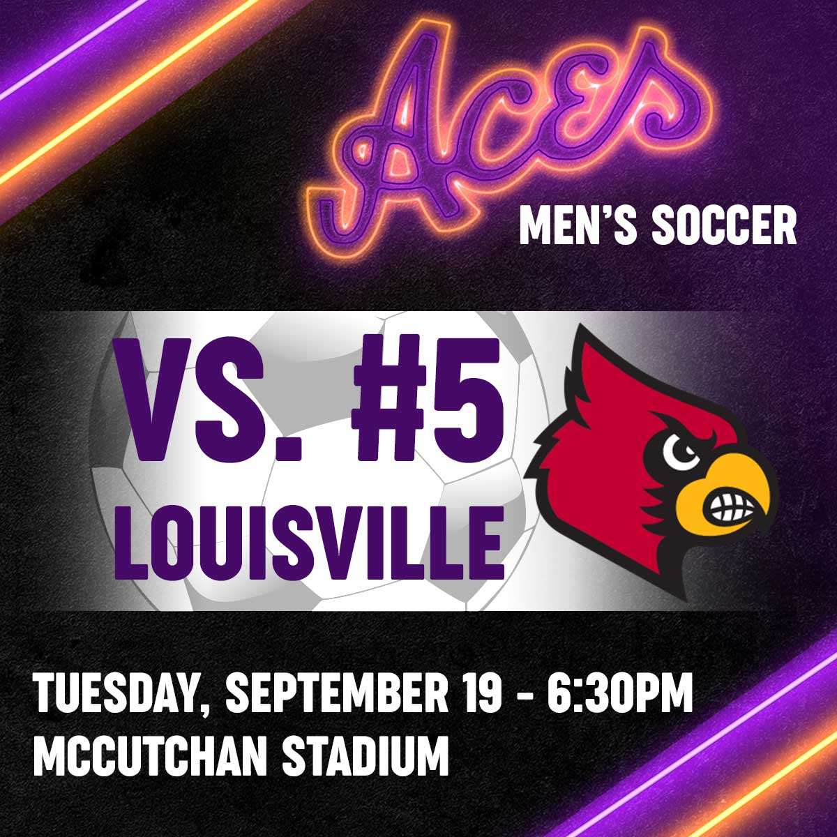 UEAthleticsMSOC's tweet photo. Only 4️⃣ more days until we welcome the no. 5️⃣ team to town! You'll want to be in the stands cheering for the Aces on Tuesday night! 

All youth soccer teams can get $3 tickets by calling and registering your squad with Logan Belz at 812-488-2623!
🎟️ https://t.co/fyQPI3VXWo https://t.co/LBGdSF3Wmi