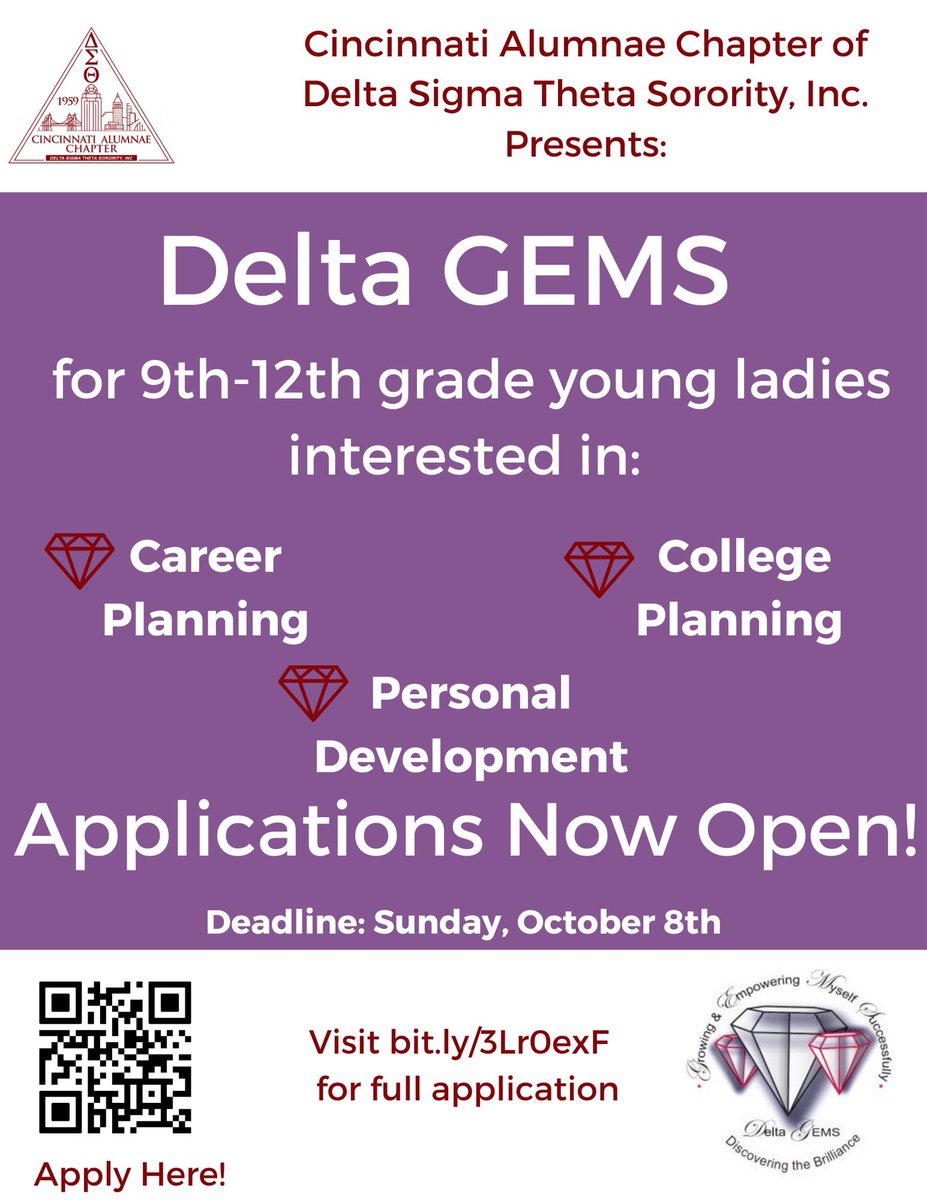 Delta GEMS was created to catch the dreams of African American high school girls aged 14-18. The Delta GEMS framework is designed to provide specific skills that develop a CAN DO attitude through interactive lessons . Apply now at bit.ly/3Lr0exF